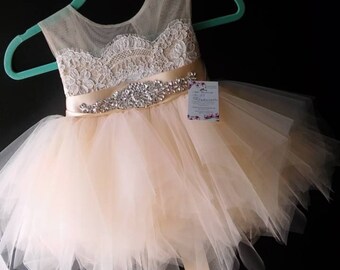 flower girl dress 'Bianca' with rhinestone sash, tan sheer netting, French lace, champagne  tulle skirt, birthday dress