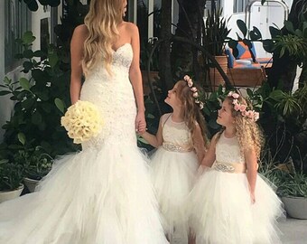 Stunning ivory 'Belle' flower girl dress, ivory net,French lace, tea length puffy tulle skirt,  ivory sash with rhinestone. made in TX USA