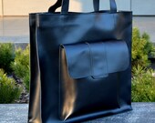leather tote bag UMA, large black minimalist leather bag with one large outer pocket, shoulder leather bag, women bag, tote women