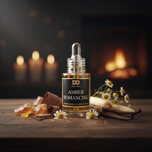 May include: A clear glass bottle with a dropper, labeled "Amber Romancing" by DC New York. The bottle sits on a wooden surface with amber-colored crystals, cinnamon sticks, vanilla beans, and chamomile flowers. The background features a blurred fireplace and candles.