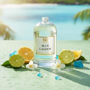 Puede incluir: Una botella de vidrio transparente con una etiqueta dorada que dice "Blue Lagoon" est&aacute; rodeada de rodajas de c&iacute;tricos, flores blancas y cristales azules. La botella contiene un l&iacute;quido azul claro, lo que sugiere una fragancia o aceite esencial.