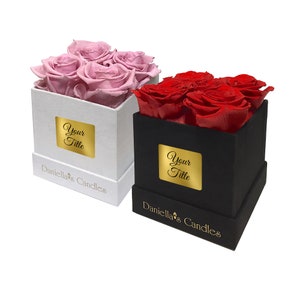Personalized Preserved Roses: Square Suede Box, Long Lasting Roses