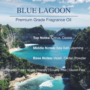 Puede incluir: Imagen con el texto "BLUE LAGOON" y "Premium Grade Fragrance Oil". La imagen muestra una vista panor&aacute;mica de una laguna azul con acantilados y oc&eacute;ano. El texto enumera notas de fragancia: C&iacute;tricos, Ozono, Sal marina, Jazm&iacute;n, Violeta, Cedro y Polvo.