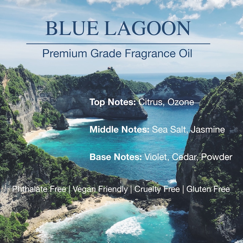 Puede incluir: Imagen con el texto "BLUE LAGOON" y "Premium Grade Fragrance Oil". La imagen muestra una vista panor&aacute;mica de una laguna azul con acantilados y oc&eacute;ano. El texto enumera notas de fragancia: C&iacute;tricos, Ozono, Sal marina, Jazm&iacute;n, Violeta, Cedro y Polvo.