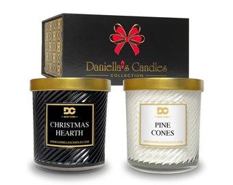 Christmas Candle Gift Box, Set of 2 Candles, Christmas Hearth and Pine Cones, Holiday Perfect Gift