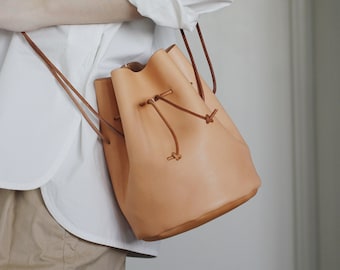 Handmade Handcrafted Vegetable Tanned Leather Drawstring Bucket Bag - Small