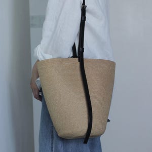 Straw Bucket Bag with Leather Strap