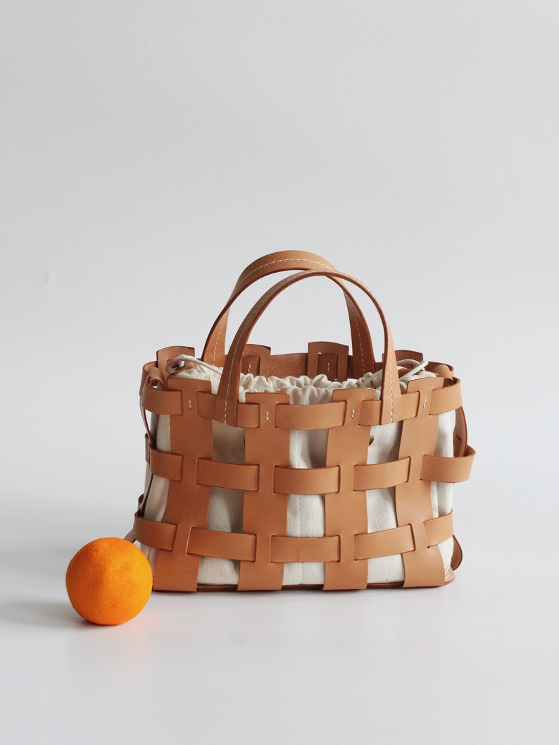 Handmade Handcrafted Vegetable Tanned Leather Caged Bag Small Beige