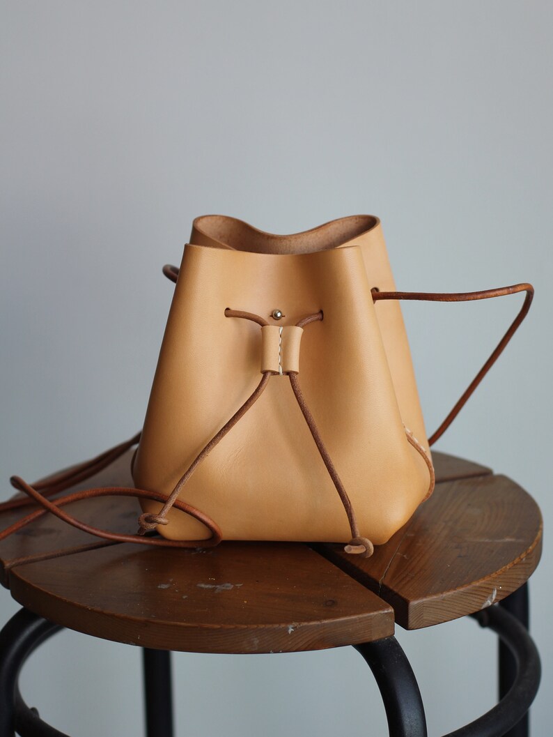 Handmade Vegetabletanned Leather Drawstring Bucket Bag Etsy