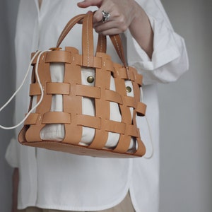 Handmade Handcrafted Vegetable Tanned Leather Caged Bag Small image 3