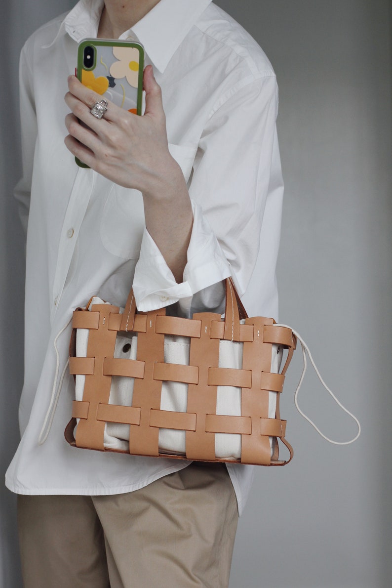 Handmade Handcrafted Vegetable Tanned Leather Caged Bag Small image 4