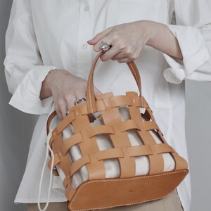 Handmade Handcrafted Vegetable Tanned Leather Caged Bag Small image 2