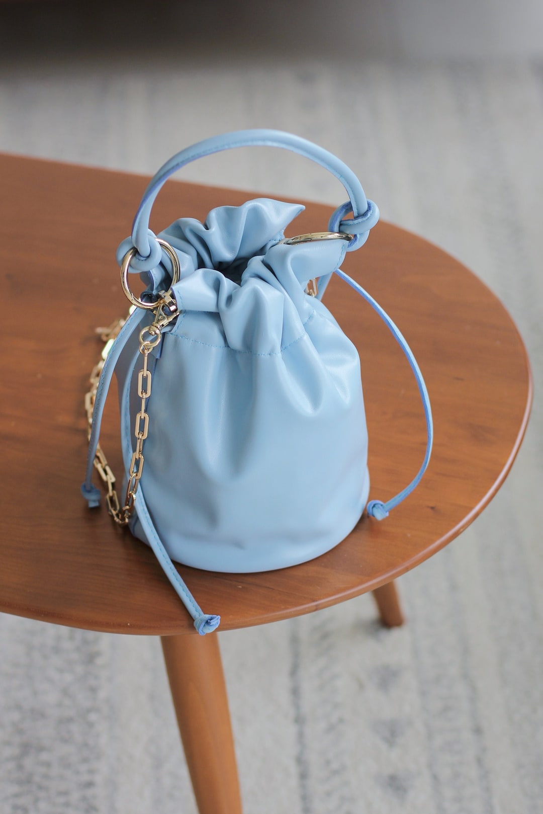 Soft Leather Drawstring Bucket Bag Light Blue Etsy
