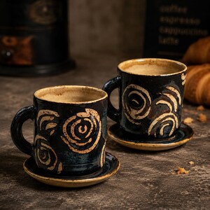 Handmade Ceramic Coffee Cups with Saucers – Set of 2, Rustic Black Glaze, Tea Strainer and Lid