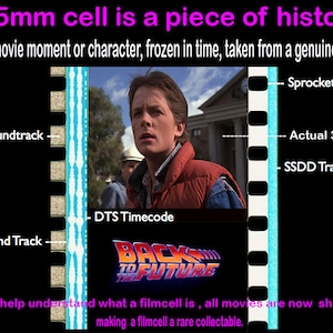 May include: A close-up of a 35mm film cell from the movie "Back to the Future." The cell is a piece of history, frozen in time, taken from a genuine film reel. The image shows the sprocket holes, the actual 35mm cell, the SSDD track, the DTS timecode, the Dolby soundtrack, and the analogue sound track.