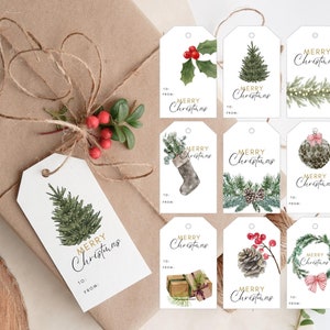 Etichette regalo di Natale, stampabili, download immediato, etichette regalo acquerellate, buon Natale, alberi di pino, minimal, nordico