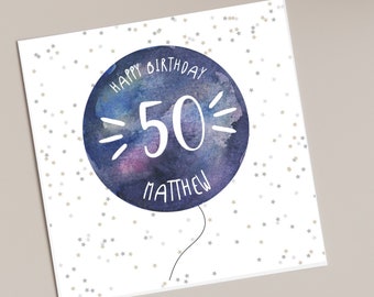 Tarjeta de cumpleaños número 50 personalizada para él: Globo de acuarela
