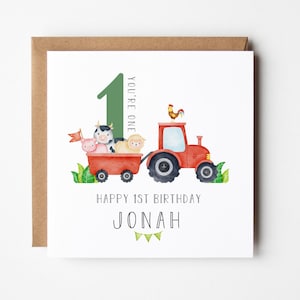 Personalised First Birthday Card, Tractor Birthday Card, Farmyard Children's Card, First Birthday, Tractor and Farm Animals Art, Recyclable