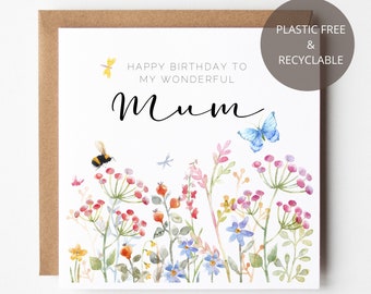 Wonderful Mum Birthday Card, Birthday Card for Mum, Wildflower Birthday Card, Pretty Card for Mum, Birthday Card for Her, Plastic Free Cards