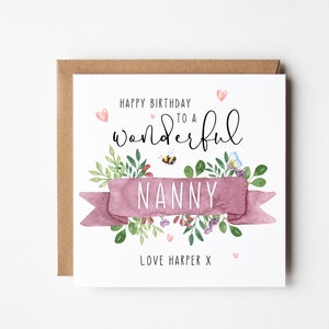 Personalised Birthday Card for Nanny, Card from Grandchildren, Nanny Birthday Card, Watercolour Flowers and Bee Card, Recyclable, Scottish