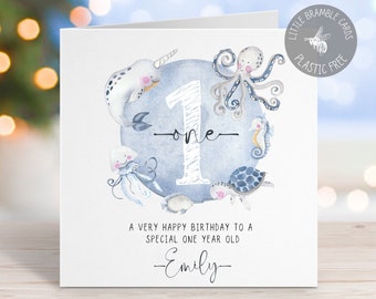 Personalized Ocean 1st Birthday Card: Nautical Sea Animals