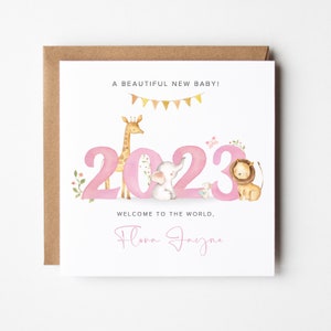 New Baby Girl Card, 2023 Personalised Baby Card, Card for Baby Girl - New Granddaughter - New Niece - New Baby - New Parents - Safari Card