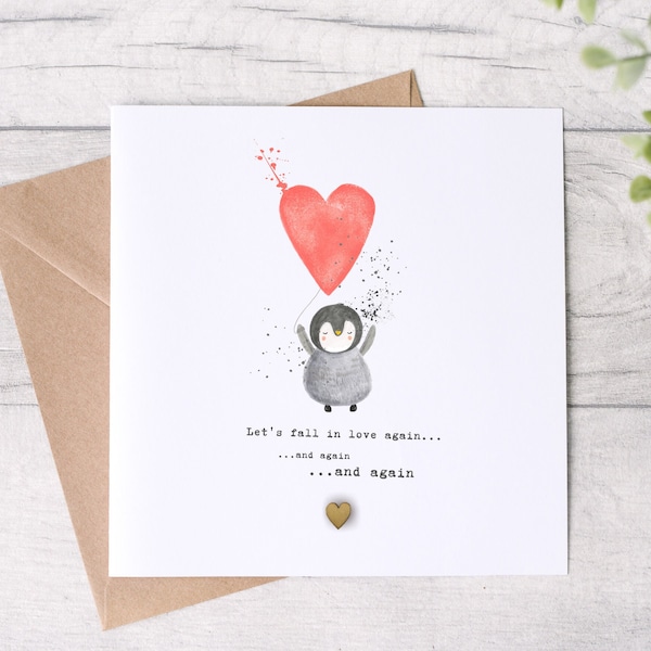 Penguin Love You Card, Cute Valentine's Card, Cute Anniversary Card, Card for Wife - Girlfriend - Husband - Boyfriend, Fall in Love Card