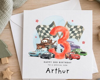 Racing Cars 3rd Birthday Card, Card for 3 Year Old, Grandson- Son- Nephew- Brother- ANY NAME/TEXT
