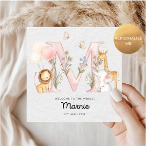 Tarjeta personalizada para recién nacida: temática de animales de safari con nombre y fecha de nacimiento, tarjeta para recién nacida.