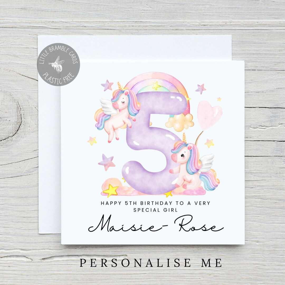 Personalised Unicorn 5th Birthday Card, Girl Birthday Card, Card For 5 - View #6