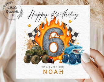 Monster Truck 6th Birthday Card, Personalised, Hot Wheels Theme, Shark Truck, Age 6