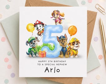 Cartão de aniversário com tema de pata para neto, filho, sobrinho ou irmão de 5 anos. Ideal para festas com tema de cachorros.