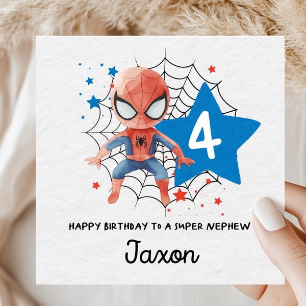 Gepersonaliseerde Spiderman 4e verjaardagskaart; voor zoon, kleinzoon, neef, kaart voor 4-jarige