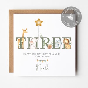 Safari 3rd Birthday Card, Personalised Boy's 3rd Birthday Card, Safari Card for Three Year Old, Card for Son Grandson Nephew Godson