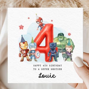 Cartão de aniversário de 4 anos, Cartão personalizado de super-herói, Tema dos Vingadores, Cartão para criança de 4 anos, Cartão para fã da Marvel imagem 1