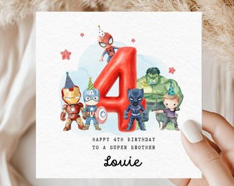 4th Birthday Card, Personalised Superhero  Card, Avengers Theme, Card for 4 Year Old, Marvel Fan Card