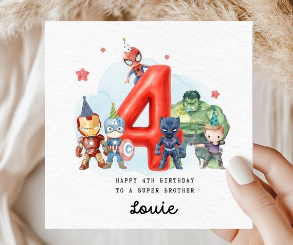 4th Birthday Card, Personalised Superhero  Card, Avengers Theme, Card for 4 Year Old, Marvel Fan Card