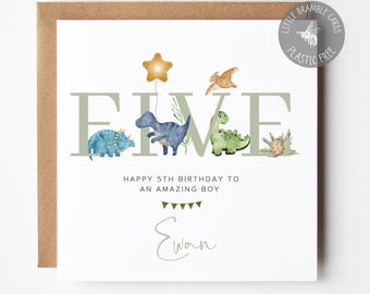 May include: A square birthday greeting card featuring the word FIVE in large sage green letters, decorated with watercolor illustrations of dinosaurs, a star balloon, and a pterodactyl. Text reads HAPPY 5TH BIRTHDAY TO AN AMAZING BOY and EWAN.