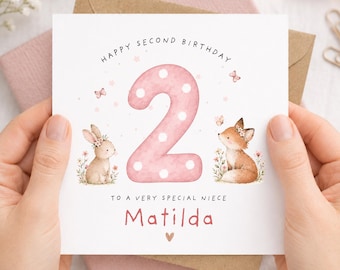 Personalised 2nd Birthday Card for Daughter, 2nd Birthday Card for Baby Girl, Woodland Bunny & Fox Birthday Card, Girls 2nd Birthday