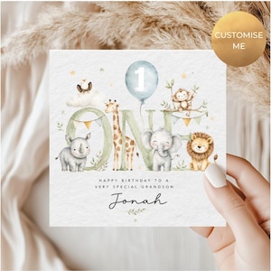 Carte personnalisée 1er anniversaire, animaux de safari, carte d'anniversaire jungle, 1 ans, 1er anniversaire, 1er anniversaire de bébé, fils, fille, nièce, neveu image 1