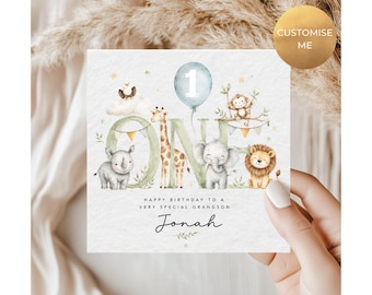 Personalisierte 1. Geburtstagskarte Safaritiere, Dschungel Geburtstagskarte Alter 1, erste Geburtstagskarte, Baby 1. Geburtstag, Sohn Tochter Nichte Neffe