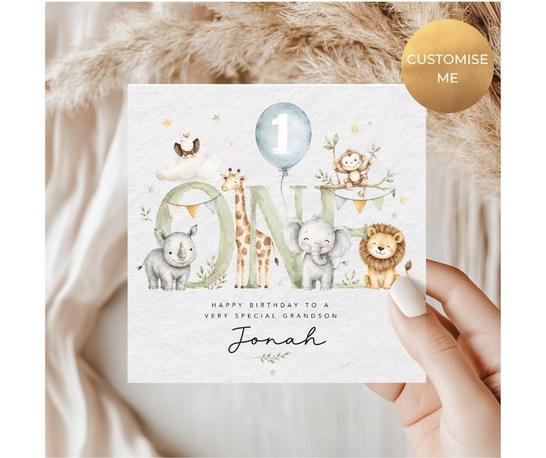 Carte personnalisée 1er anniversaire, animaux de safari, carte d'anniversaire jungle, 1 ans, 1er anniversaire, 1er anniversaire de bébé, fils, fille, nièce, neveu image 1