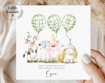 Personalised 2nd Birthday Card, Farm Animal Theme, Custom Age 2 Birthday Card, Farmyard Birthday Card for Boys or Girls