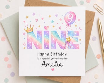 9th Birthday Card for Granddaughter, Personalised 9th Birthday Girl Card, Niece Daughter Grandchild, Pretty Pastel Rainbow Card