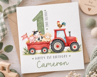 Personalised Tractor 1st Birthday Card: Farm Animal Birthday Card for one year old