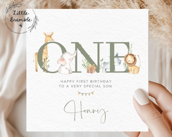Personalised Safari First Birthday Card: Watercolor Animals