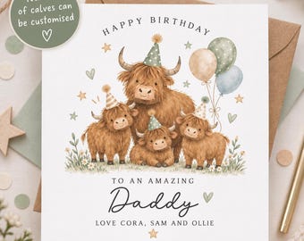 Personalised Highland Cow Daddy Birthday Card | Dad Birthday Card from Children | Highland Cattle Family Card | Custom Number of Calves