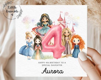 Personalised Princess 4th Birthday Card; For Daughter/ Niece/ Granddaughter/ Girl/ Boy; Princess card for Birthday