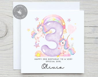 Personalised Unicorn 3rd Birthday Card, Girl Birthday Card, Card for 3 year old, Daughter, Granddaughter, Unicorns, Magical