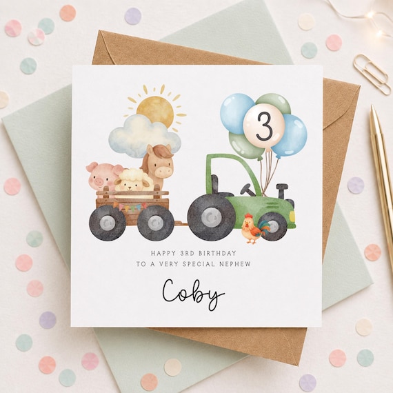 Personalised 3rd Birthday Card: Tractor & Farm Animal Theme, Tractor Birthday, Card For 3 Year Old, ANY NAME/RELATION